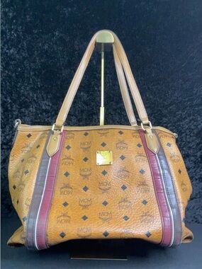 MCM Cognac Logo Tote with Burgundy & Brown Straps